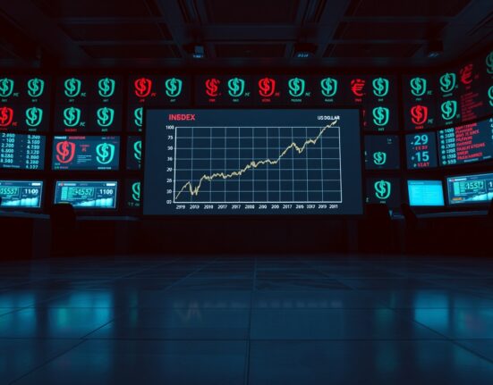 Digital screen showing rising dollar index and Asian currency pairs on a dimly lit trading floor.