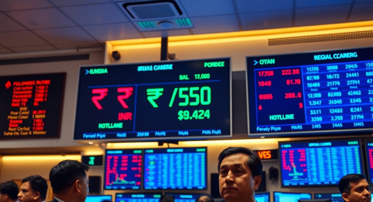 Asian forex trading floor with screens showing falling rupee and rising US dollar exchange rates