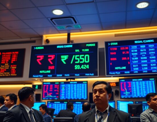 Asian forex trading floor with screens showing falling rupee and rising US dollar exchange rates