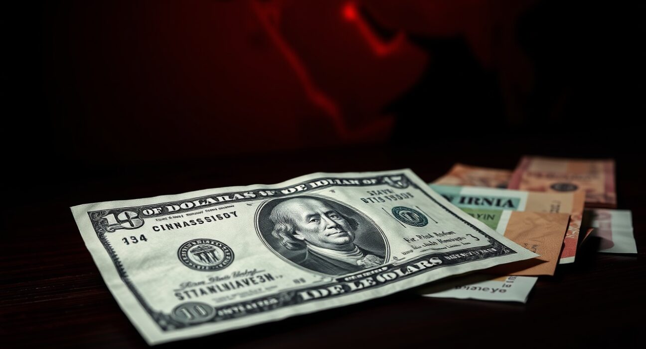 Asian currency banknotes and a US dollar bill on a table, representing Asia FX softening amid US-Iran jitters and a strong dollar week.