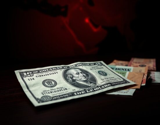 Asian currency banknotes and a US dollar bill on a table, representing Asia FX softening amid US-Iran jitters and a strong dollar week.