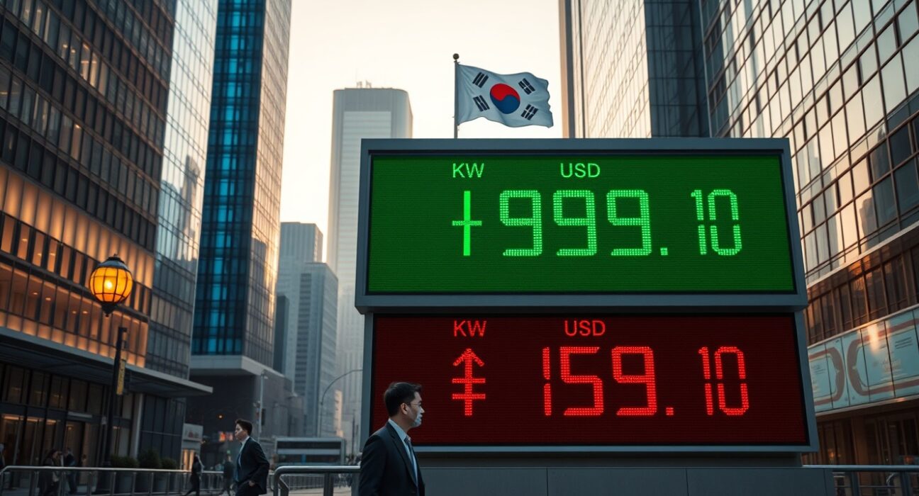 Electronic currency exchange board showing South Korean won and US dollar rates in a financial district at dawn.