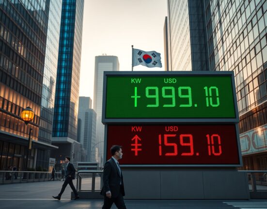 Electronic currency exchange board showing South Korean won and US dollar rates in a financial district at dawn.
