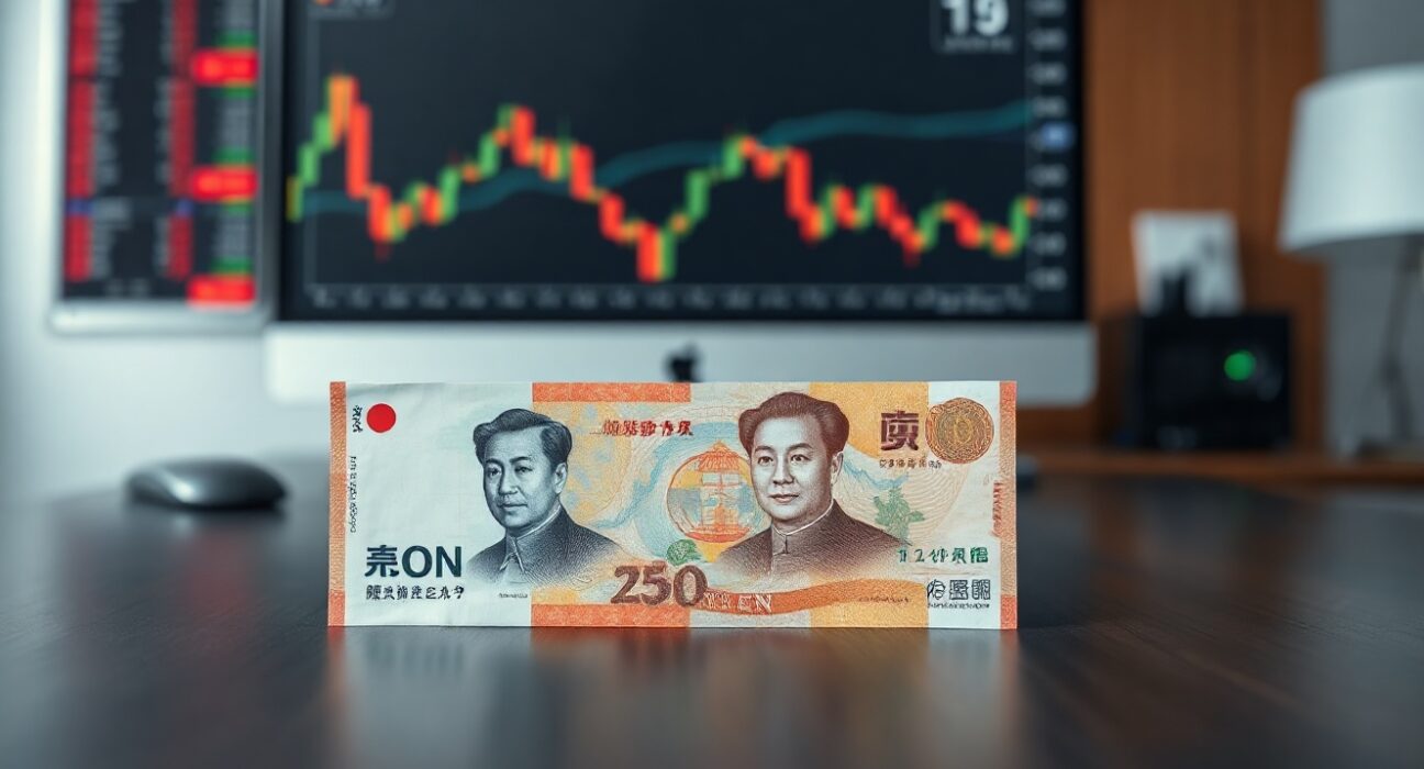 Asian currency banknotes on a wooden table with a blurred financial chart background.