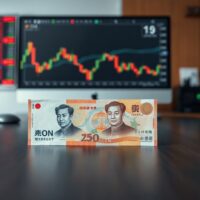 Asian currency banknotes on a wooden table with a blurred financial chart background.