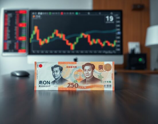 Asian currency banknotes on a wooden table with a blurred financial chart background.