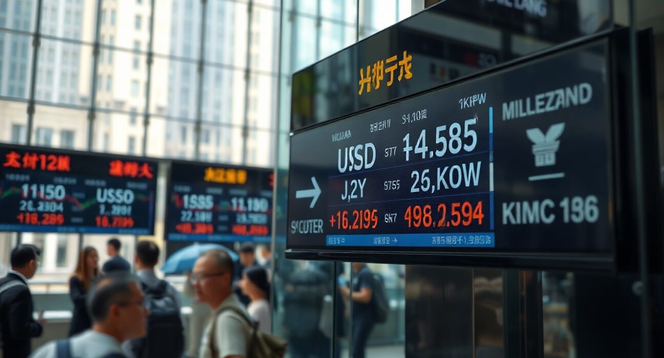 Currency exchange board in Asian financial district showing dollar at two-month high and Asian FX rates
