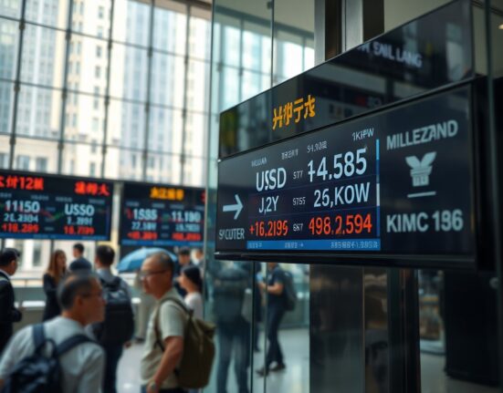 Currency exchange board in Asian financial district showing dollar at two-month high and Asian FX rates