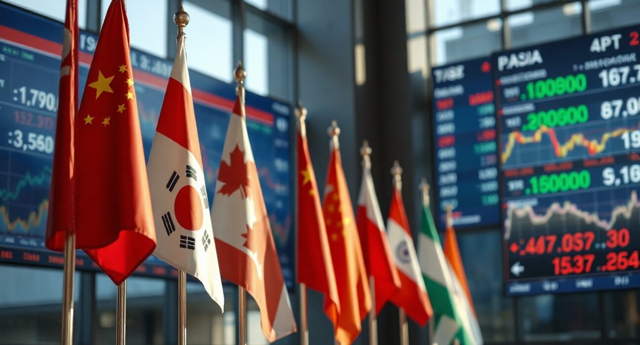 Asian national flags with financial market screens showing currency charts