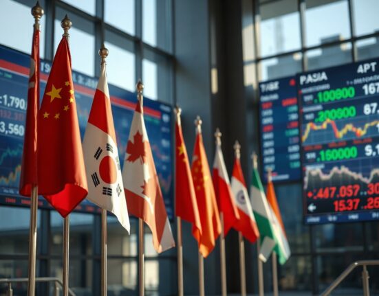 Asian national flags with financial market screens showing currency charts
