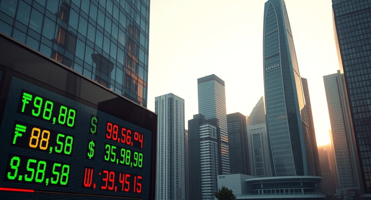 Asian financial district skyline at dawn with a digital currency exchange board showing stable Asian FX rates against the US dollar.