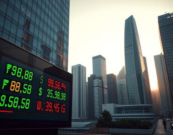 Asian financial district skyline at dawn with a digital currency exchange board showing stable Asian FX rates against the US dollar.