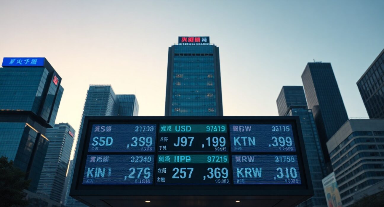 Digital currency exchange board in an Asian financial district showing fluctuating forex rates during market uncertainty