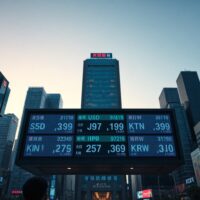 Digital currency exchange board in an Asian financial district showing fluctuating forex rates during market uncertainty