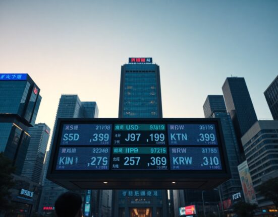 Digital currency exchange board in an Asian financial district showing fluctuating forex rates during market uncertainty