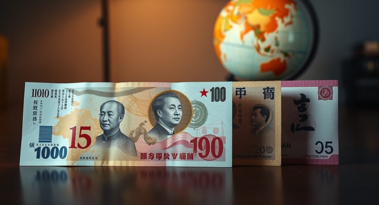 Asian currency banknotes on a desk with a globe in the background representing foreign exchange markets