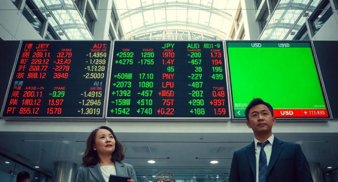 Currency exchange board showing Asian currencies against the US dollar in a modern financial district