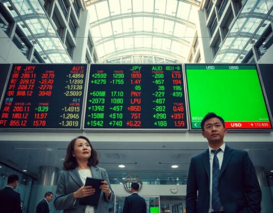 Currency exchange board showing Asian currencies against the US dollar in a modern financial district