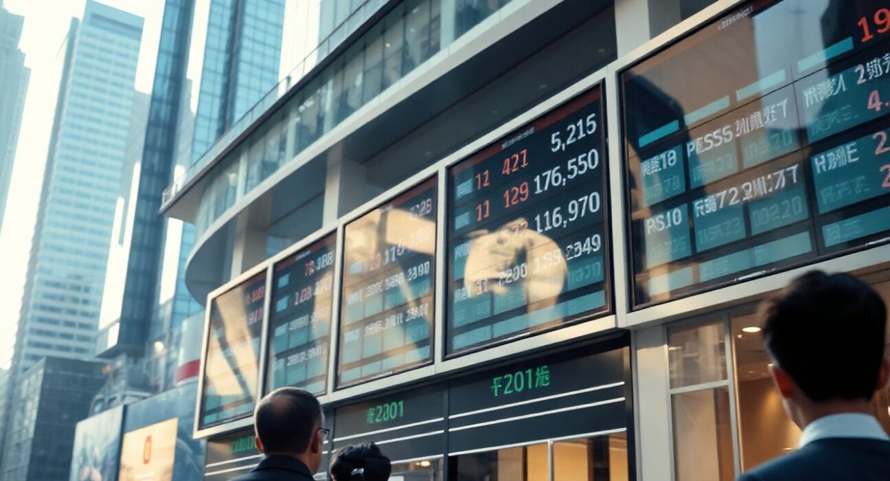 Currency exchange board in an Asian financial district showing steady rates amid geopolitical watch.