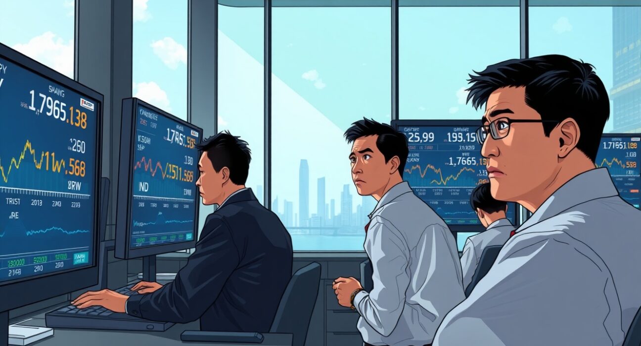 Traders monitor volatile Asian currency markets amid geopolitical uncertainty from Iran conflict.