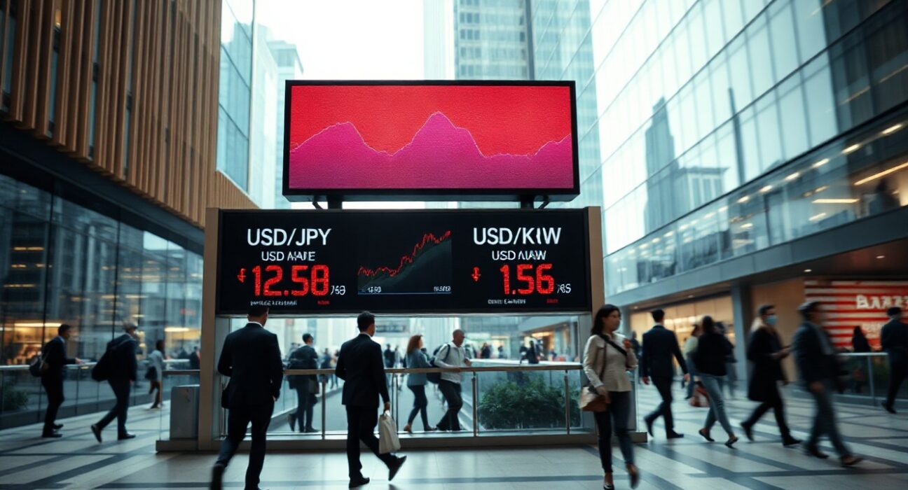 Digital exchange board showing falling Asian currency rates against a strong US dollar in a financial district