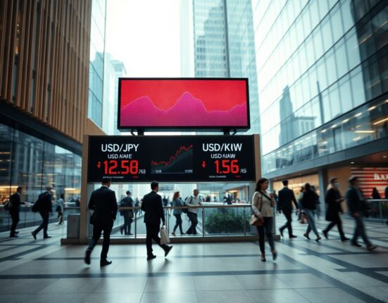Digital exchange board showing falling Asian currency rates against a strong US dollar in a financial district