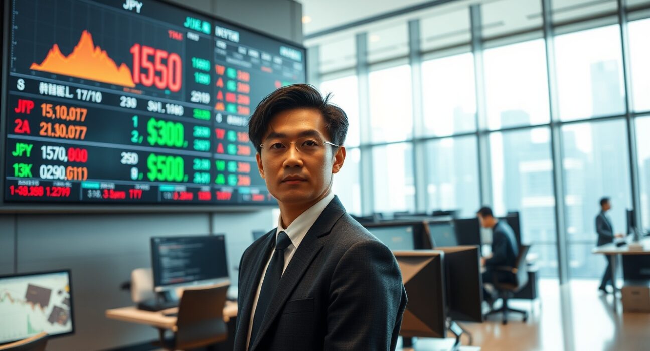 Asian currency trading desk with yen and dollar exchange rates on digital boards, reflecting market volatility.