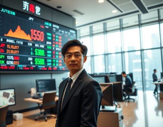 Asian currency trading desk with yen and dollar exchange rates on digital boards, reflecting market volatility.