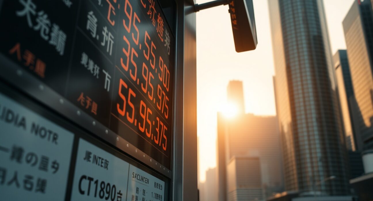 Currency exchange board in Asian financial district showing fluctuating yen and dollar rates