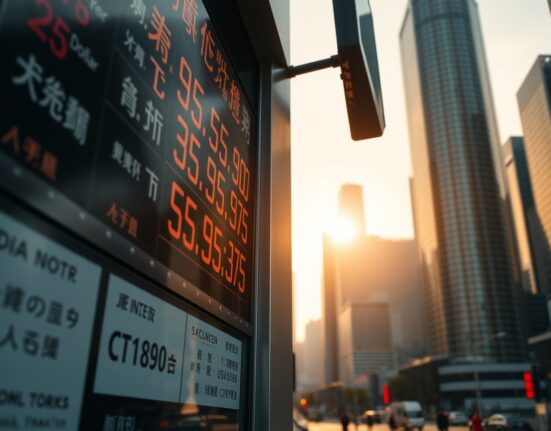 Currency exchange board in Asian financial district showing fluctuating yen and dollar rates