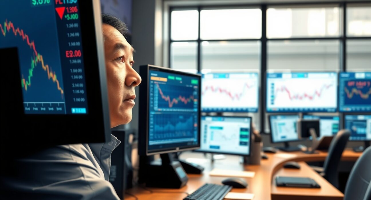 Trader monitors falling Asian currency and rising oil prices amid Iran conflict market volatility.