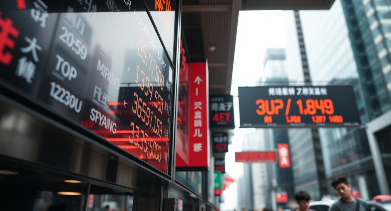 Currency exchange board in Asian financial district showing weakening yuan and other Asian currencies