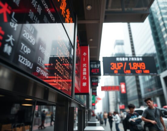 Currency exchange board in Asian financial district showing weakening yuan and other Asian currencies