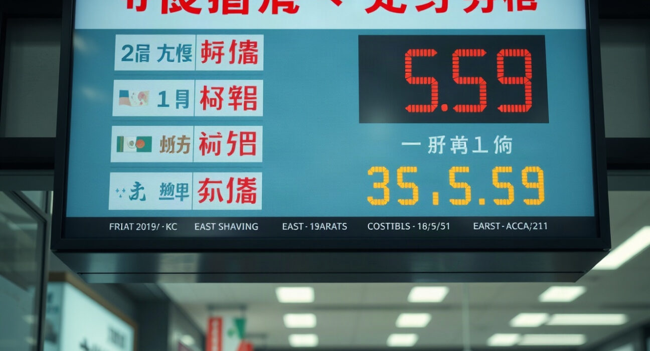 Digital currency exchange board in an Asian financial district showing Asian currencies and US dollar rates