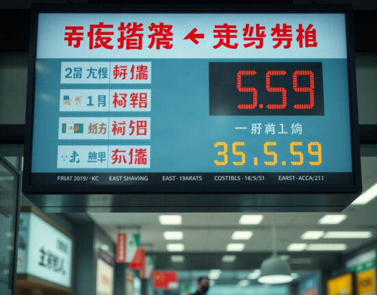 Digital currency exchange board in an Asian financial district showing Asian currencies and US dollar rates