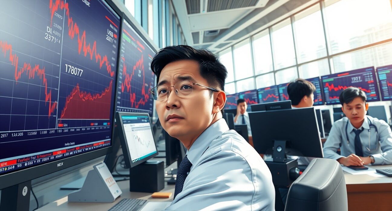 Trader monitors Asia FX and oil price movements amid Iran conflict market volatility