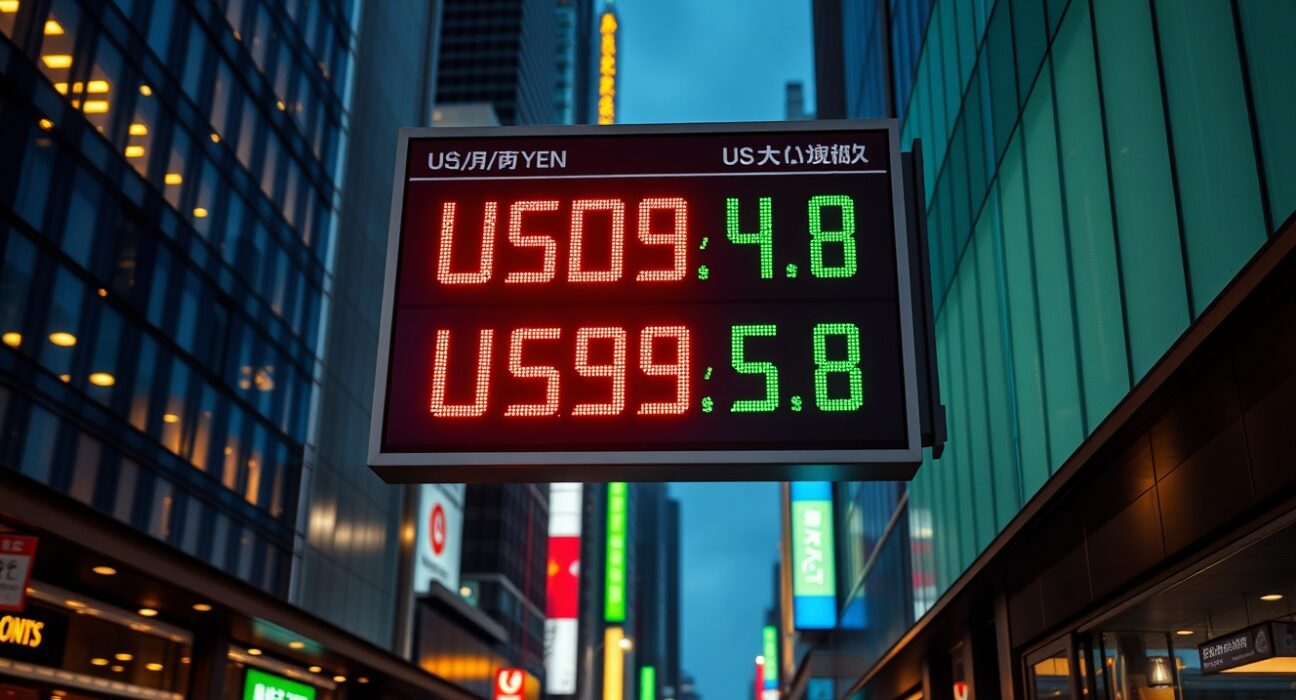 Electronic currency exchange board in Asian financial district showing yen and dollar rates
