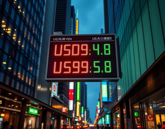 Electronic currency exchange board in Asian financial district showing yen and dollar rates