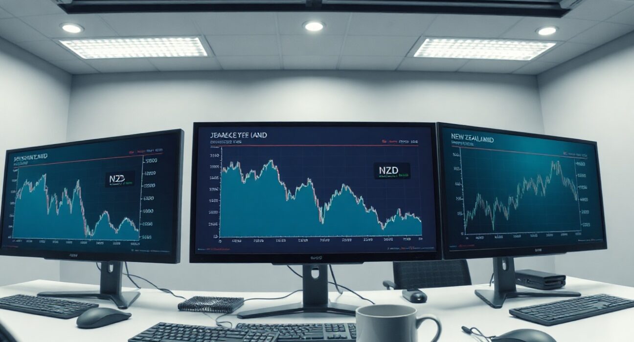 Financial news desk monitors showing yen and kiwi currency charts