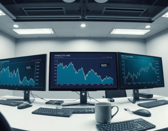 Financial news desk monitors showing yen and kiwi currency charts