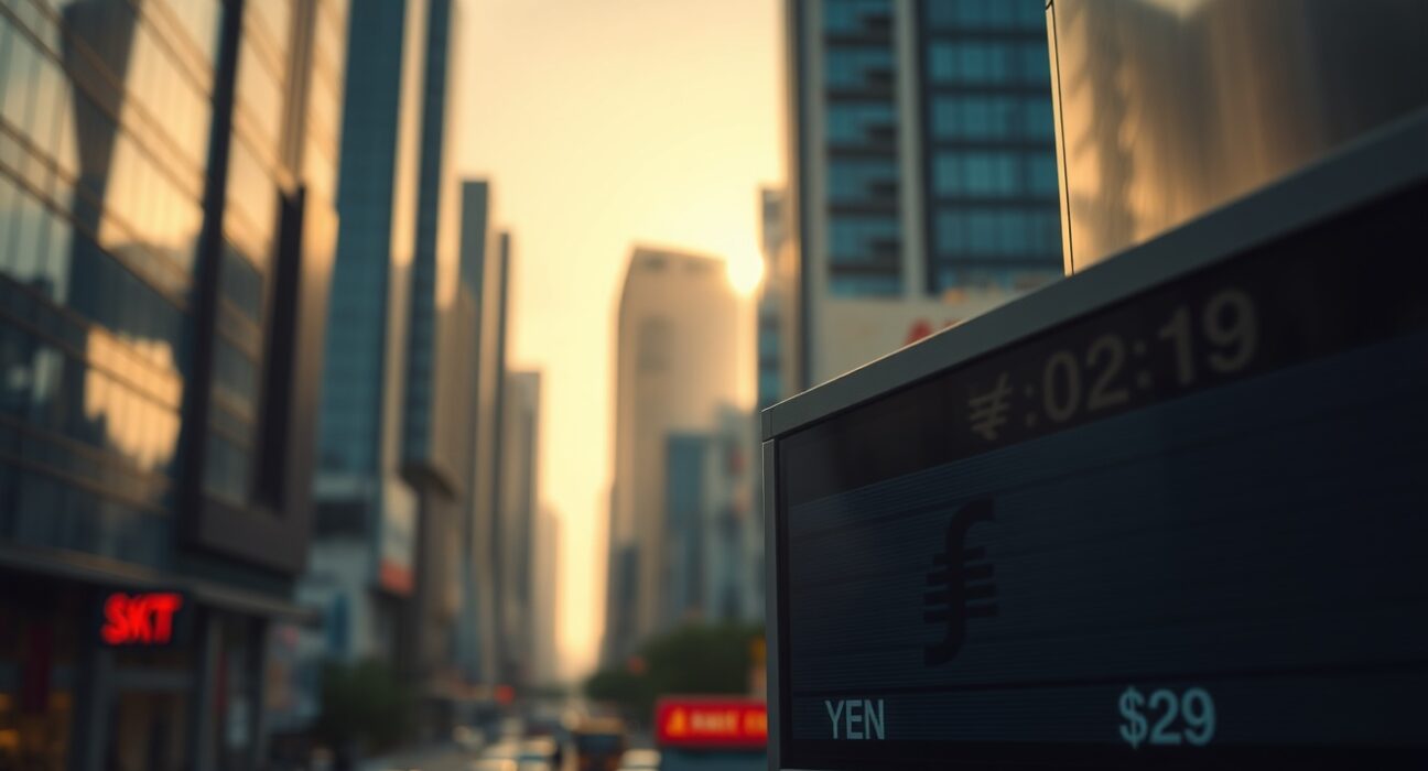 Asian financial district with currency exchange board at dawn