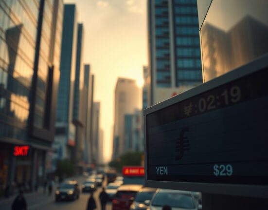 Asian financial district with currency exchange board at dawn