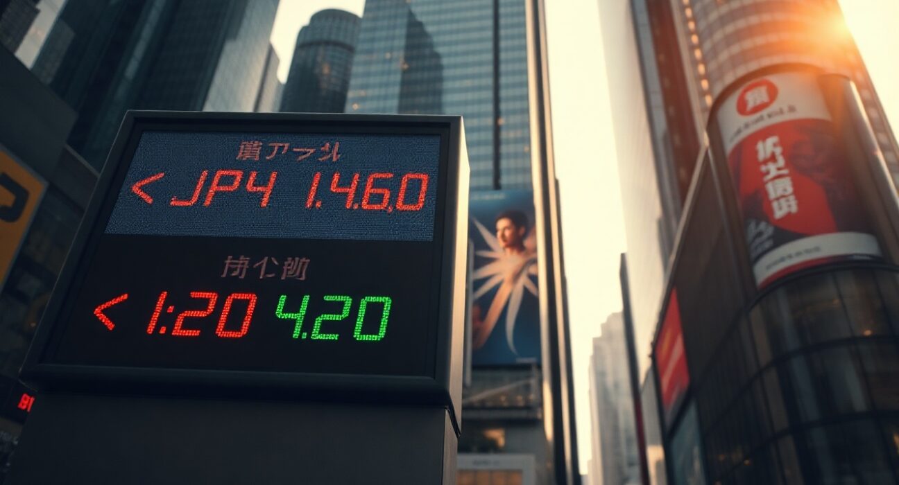 Currency exchange board in Asian financial district showing yen at low and kiwi rising after RBNZ rate hike