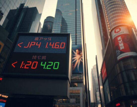 Currency exchange board in Asian financial district showing yen at low and kiwi rising after RBNZ rate hike