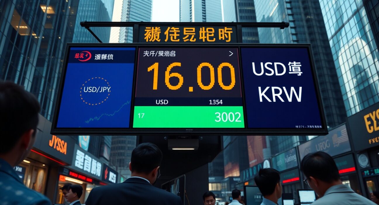 Currency exchange board in an Asian financial district showing USD/JPY at 163