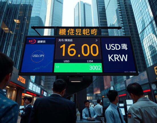 Currency exchange board in an Asian financial district showing USD/JPY at 163