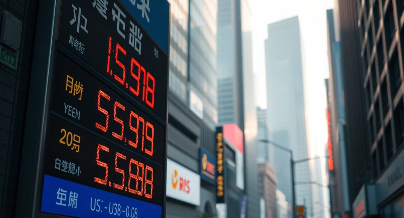 Currency exchange board in Asian financial district showing yen and dollar rates at dawn