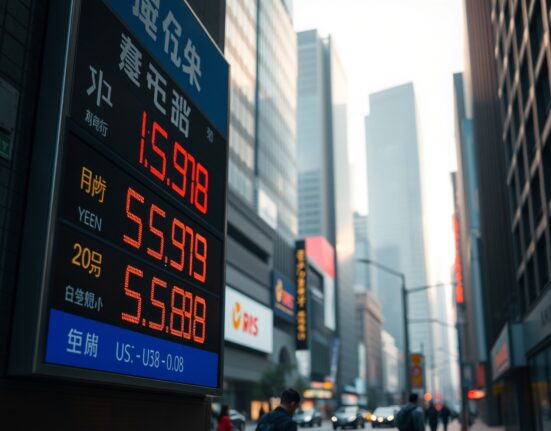 Currency exchange board in Asian financial district showing yen and dollar rates at dawn