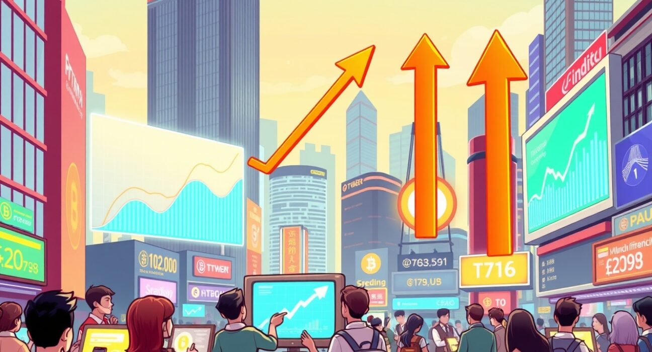 A cartoon illustration showing the significant growth in Asia-Pacific crypto trading volume, with charts and digital activity.