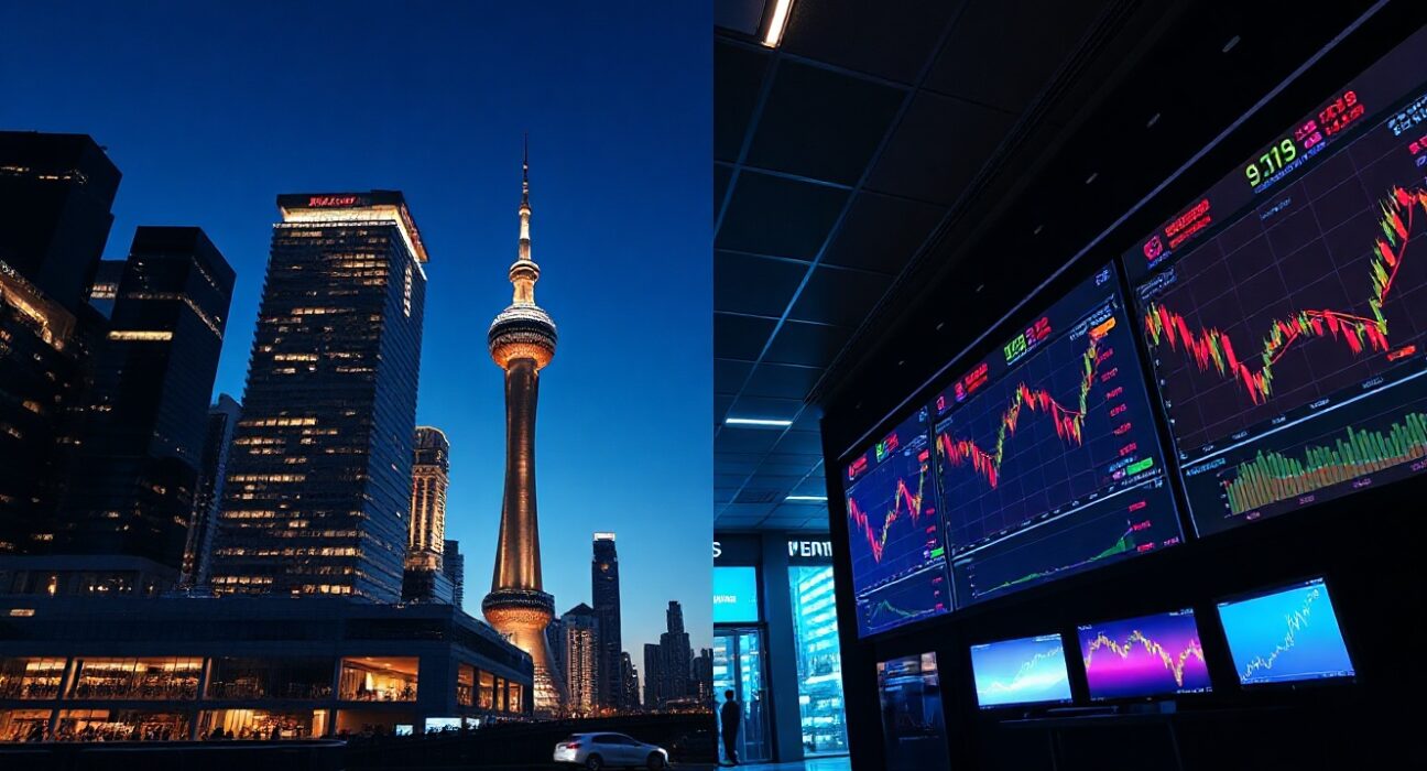 Split image of Asian skyline and Western trading floor illustrating prediction market regulatory divide